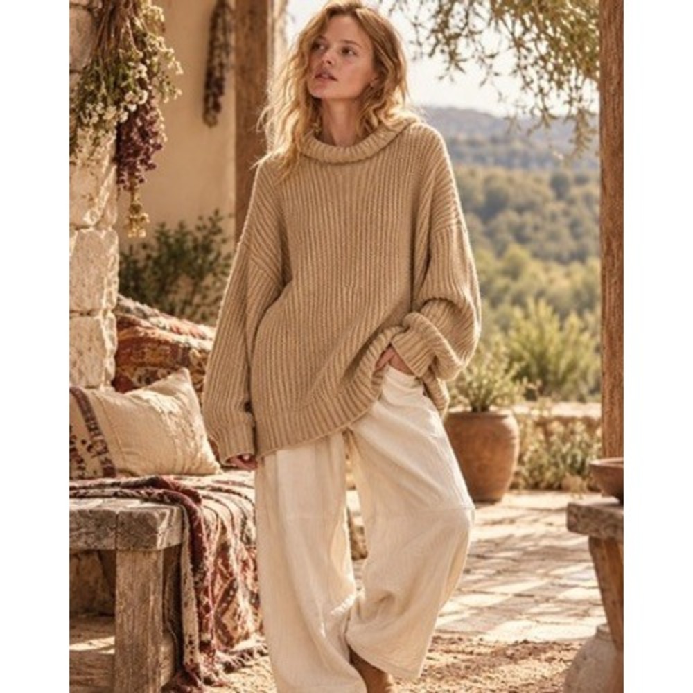 American Eagle Women Tan Oversized Shaker Stitch Cowl Neck Sweater Size M
